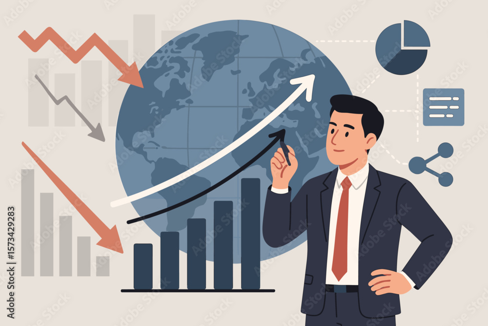 Businessman draws growth graph amid global economic crisis. Business recovery strategy, planning. Data analysis on global network. Financial success, investment, forecast. Businessman draws growth graph amid global economic crisis. Business recovery strategy, planning. Data analysis on global network. Financial success, investment, forecast.