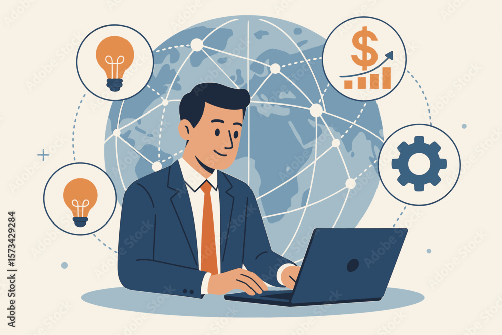 Businessman connect global network for investment. Financial growth strategy. Idea, innovation, software development. Business service improvement. Modern flat vector cartoon. Businessman connect global network for investment. Financial growth strategy. Idea, innovation, software development. Business service improvement. Modern flat vector cartoon.