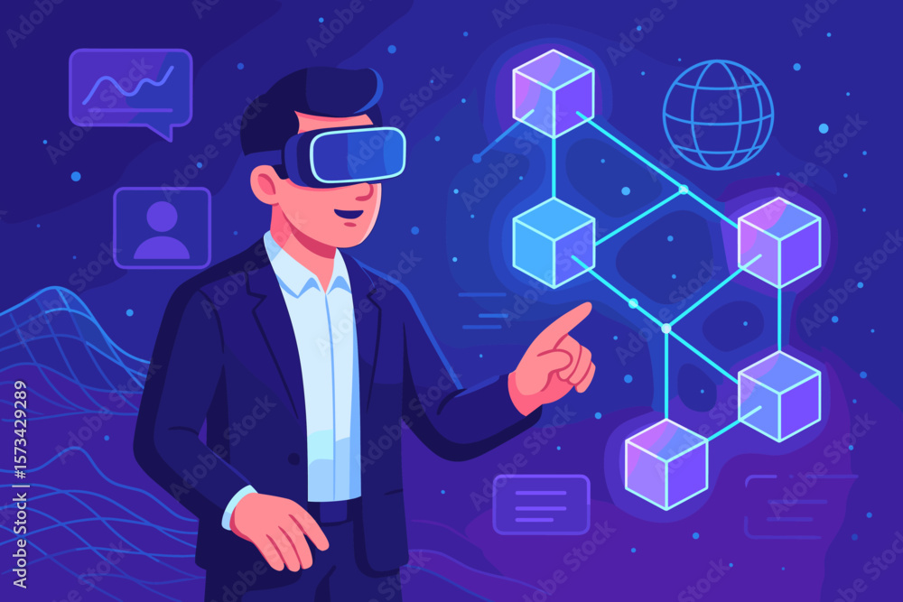 Businessman in virtual reality headset explores metaverse and blockchain technology. Man interacts with futuristic augmented reality user interface. Digital network concept. Businessman in virtual reality headset explores metaverse and blockchain technology. Man interacts with futuristic augmented reality user interface. Digital network concept.