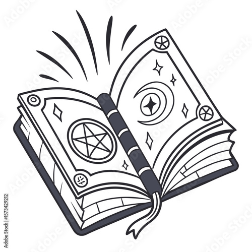 Open spellbook with a magical wand resting on the pages adorned with a pentagram crescent moon and stars emitting radiating lines of energy