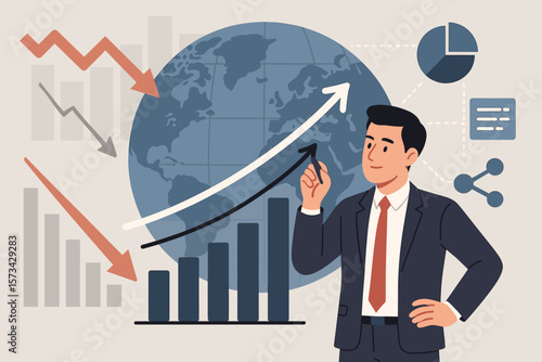 Businessman draws growth graph amid global economic crisis. Business recovery strategy, planning. Data analysis on global network. Financial success, investment, forecast.