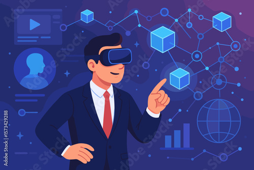 Businessman explores metaverse technology with VR glasses. Blockchain network connection. Augmented reality user interface for finance, data analysis and global business concept.