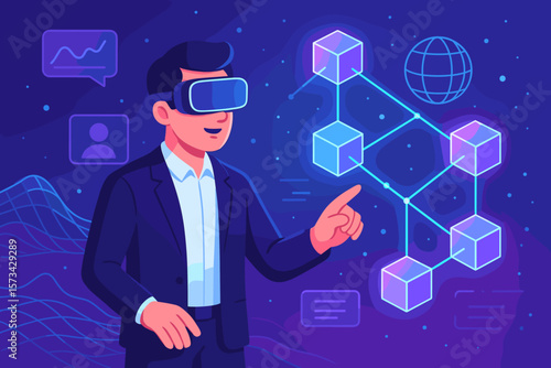 Businessman in virtual reality headset explores metaverse and blockchain technology. Man interacts with futuristic augmented reality user interface. Digital network concept.