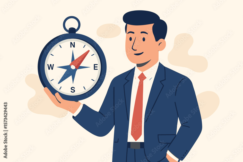 Businessman holding a compass for direction. Business strategy, guidance, and navigation concept. Leadership, vision for success, and manager finding a solution. Flat vector. Businessman holding a compass for direction. Business strategy, guidance, and navigation concept. Leadership, vision for success, and manager finding a solution. Flat vector.