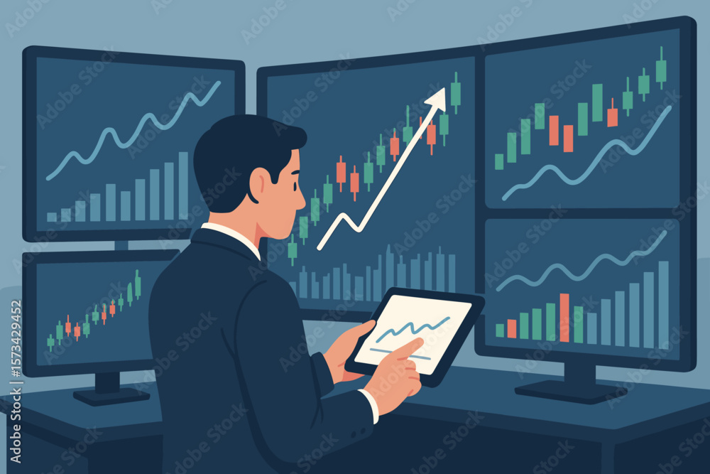 Businessman analyzing stock market data on tablet and multi-monitor setup. Trader monitoring financial charts and graphs for investment growth. Forex trading, crypto concept. Businessman analyzing stock market data on tablet and multi-monitor setup. Trader monitoring financial charts and graphs for investment growth. Forex trading, crypto concept.