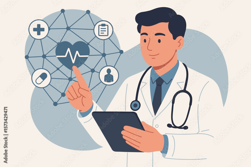 Cardiologist doctor using tablet for telemedicine, accessing patient data via a virtual network. Modern healthcare technology, e-health, and cardiology concept. Vector. Cardiologist doctor using tablet for telemedicine, accessing patient data via a virtual network. Modern healthcare technology, e-health, and cardiology concept. Vector.