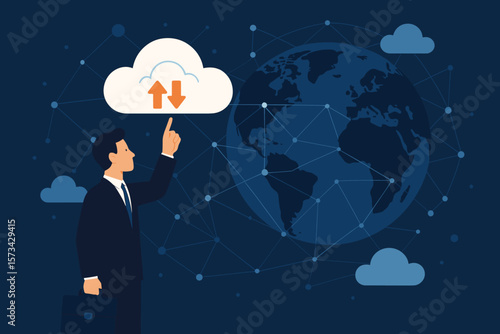 Businessman using cloud computing and big data technology. Global network connection for online data storage. Cloud service, internet database, and worldwide transfer concept.