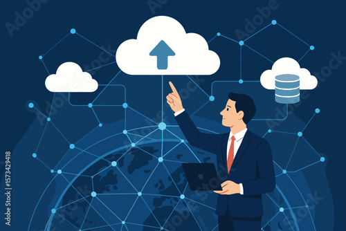 Cloud computing technology concept. Businessman with laptop uploading to cloud server. Big data storage, global network connection, database hosting, and information transfer.