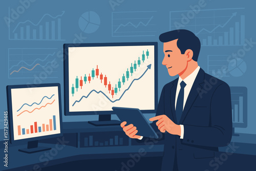 Businessman trader analyzing stock market data on computer and tablet. Financial analyst monitoring graph chart for investment. Forex trading, economy and business concept.