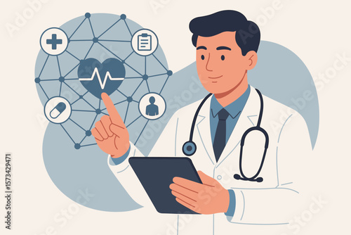 Cardiologist doctor using tablet for telemedicine, accessing patient data via a virtual network. Modern healthcare technology, e-health, and cardiology concept. Vector.