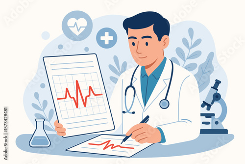 Cardiologist doctor analyzing heartbeat EKG report for medical diagnosis. Professional checking cardiogram on paperwork. Healthcare concept with icons in laboratory. Flat vector.