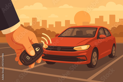 Businessman hand unlocking car with remote control key fob in city parking lot at sunset. Keyless entry system, vehicle security alarm concept. Modern flat vector cartoon.