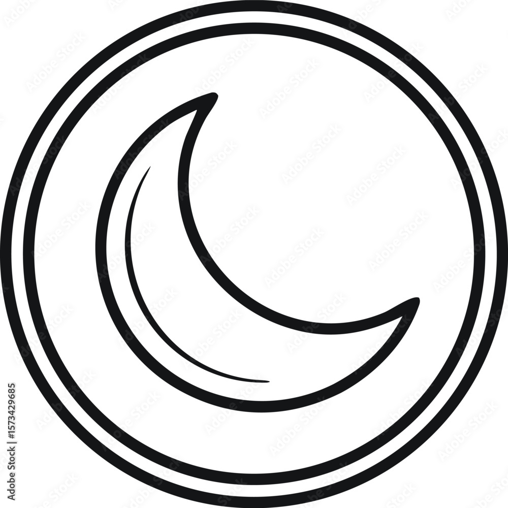 Black Line Art Icon of a Crescent Moon within a Double Circle Minimalist Design Black and White Moon Icon Black Line Art Icon of a Crescent Moon within a Double Circle Minimalist Design Black and White Moon Icon