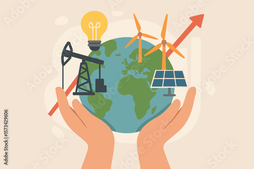 Energy crisis concept. Hands holding earth with fossil fuel and renewable alternative energy icons. Oil, solar panel, wind turbine. Rising graph of electricity prices. Global economy.