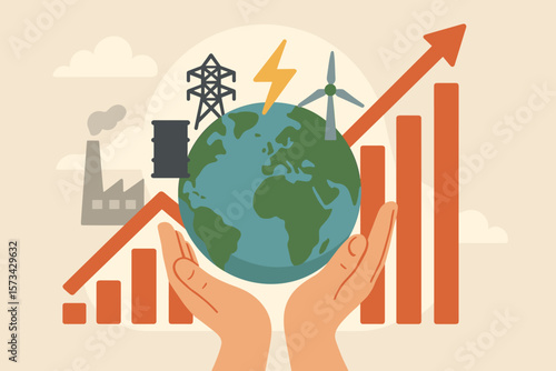 Energy crisis concept vector. Global electricity demand, price increase graph. Hands holding earth with renewable, fossil fuel icons. Economy, sustainability, climate change.