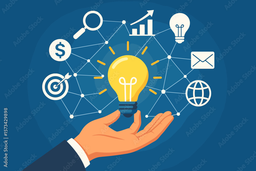 Hand holding light bulb. Business idea, innovation concept with digital marketing, technology, finance icons on network connection. Modern flat vector cartoon illustration. Hand holding light bulb. Business idea, innovation concept with digital marketing, technology, finance icons on network connection. Modern flat vector cartoon illustration.