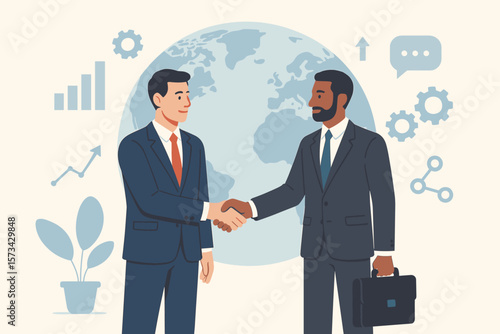 Global business deal agreement. Partner collaboration concept. Diverse businessmen shaking hands. International partnership and teamwork success. Flat vector cartoon illustration.