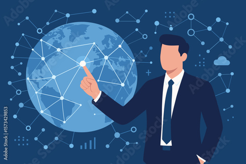 Global business network concept. Businessman touching global network, data exchanges in cyberspace. Big data, technology innovation concept. Modern flat vector illustration.
