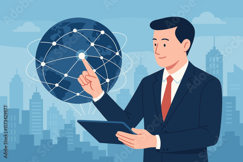Global network connection concept. Businessman with tablet touching virtual world map. Data exchange, technology, modern flat design. Worldwide business, communication innovation.