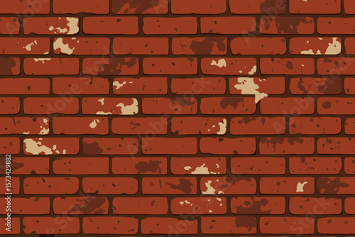 Grunge red brick wall background. Old dirty texture of a red stone wall. Abstract brickwork wallpaper. Vector cartoon illustration. Urban architecture exterior backdrop.