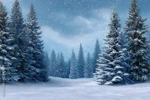Snow covered evergreen trees winter landscape serene snowy mountain forest scene falling snow tranquil blue sky peaceful snowy field