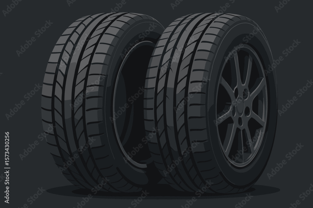 Two car tires with alloy rims on a dark background. Vector illustration of automobile wheels. Concept for auto service, repair shop, racing, car maintenance, transportation. Two car tires with alloy rims on a dark background. Vector illustration of automobile wheels. Concept for auto service, repair shop, racing, car maintenance, transportation.