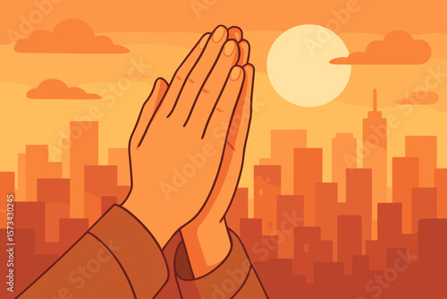 Hands clasped in prayer over a city skyline at sunset. Concept of faith, spirituality, hope, gratitude, and worship. Modern flat vector cartoon background illustration.
