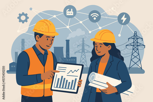 Industrial engineers with helmet and blueprints analyzing project data at a power plant. Teamwork and innovation in the energy industry. Modern flat vector concept illustration.