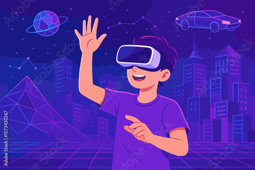Man wearing virtual reality glasses in metaverse. Futuristic world with city and car. Boy gaming in augmented reality. Innovation technology and digital world simulation concept.