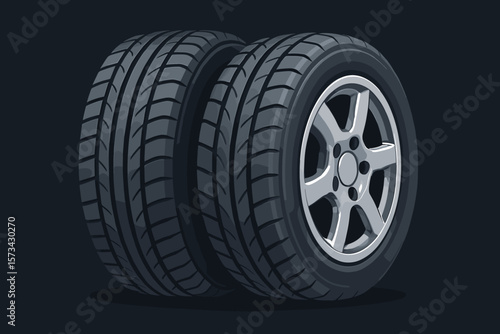 Two realistic car tires with new summer tread and shiny silver alloy rims. Automotive wheel service concept. Vehicle maintenance, repair, and transportation vector illustration.