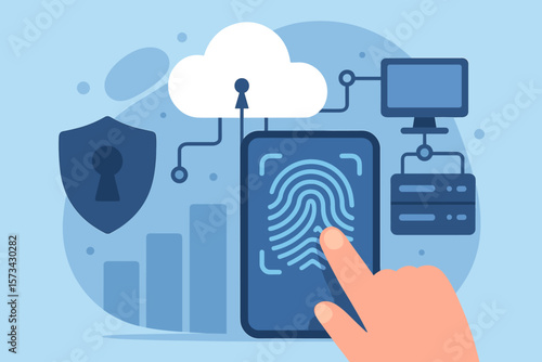 Cybersecurity Fingerprint Authentication, Cloud Data Protection, Secure Network Access, Digital Identity Verification, Modern Technology, Secure Server, Shield, Computer Security Concept