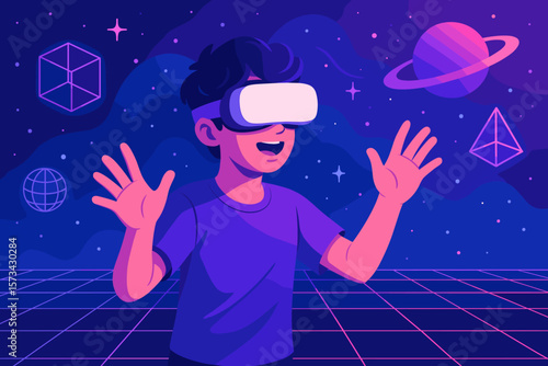 Futuristic innovation with virtual reality headset, 3D rendering, modern flat vector cartoon, space theme with planets, stars, digital grid, immersive tech, digital exploration