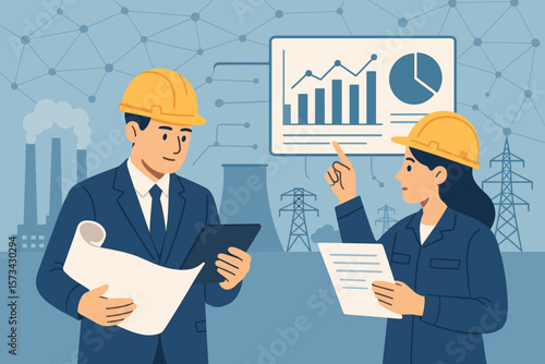 Industrial engineers analyzing data for a power plant project. Teamwork concept with safety helmets, blueprints, and charts for energy industry growth and network technology.