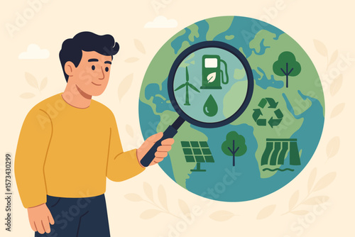 Man with magnifying glass searching for green energy on Earth. Renewable, sustainable resources concept. Ecology, consumption analysis. Solar, wind, hydro, bio fuel icons.