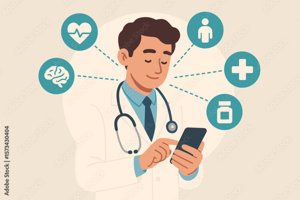 Doctor using smartphone with virtual medical network connection icons, modern flat vector cartoon illustration, healthcare technology, telemedicine, digital health concept Doctor using smartphone with virtual medical network connection icons, modern flat vector cartoon illustration, healthcare technology, telemedicine, digital health concept