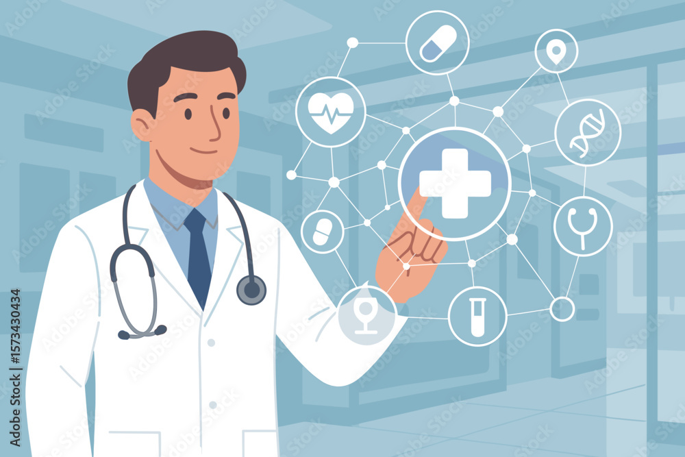 Modern Medical Doctor with Stethoscope Interacting with Virtual Healthcare Icons Network on Hospital Background, Flat Vector Cartoon Illustration Modern Medical Doctor with Stethoscope Interacting with Virtual Healthcare Icons Network on Hospital Background, Flat Vector Cartoon Illustration
