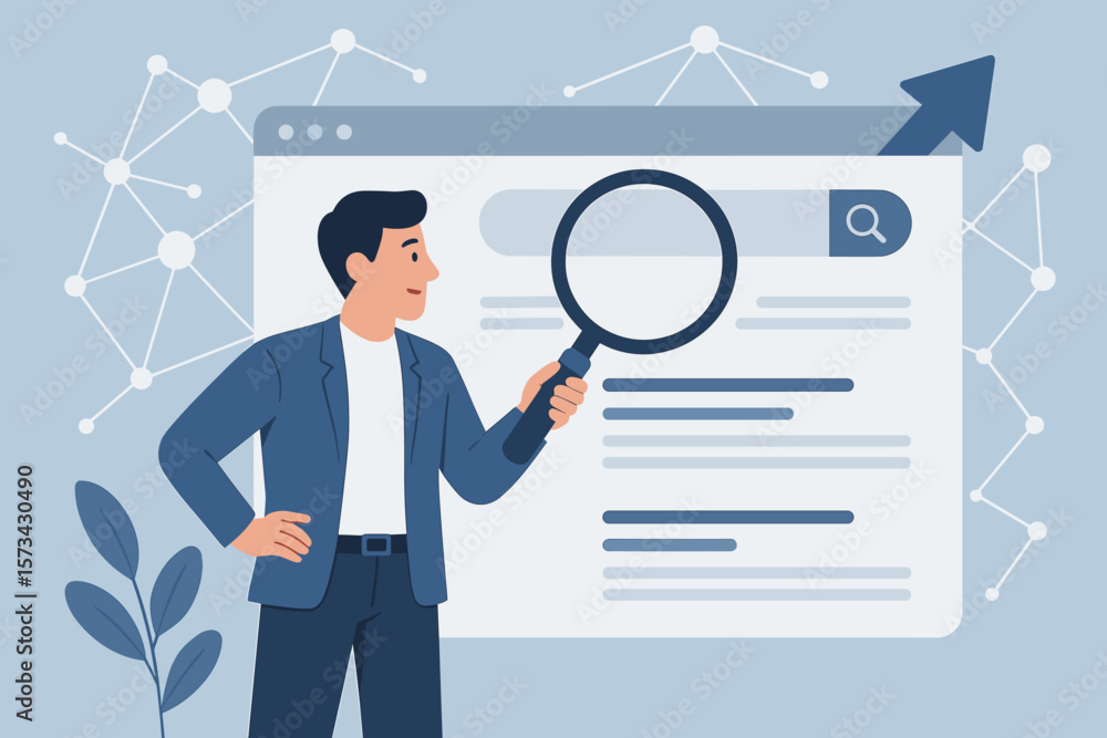 SEO search engine optimization marketing concept. Businessman holding magnifying glass analyzing website search results. Digital marketing, web analytics, online network, data growth SEO search engine optimization marketing concept. Businessman holding magnifying glass analyzing website search results. Digital marketing, web analytics, online network, data growth