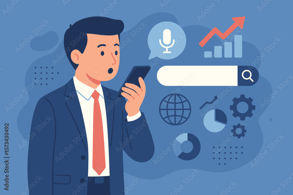 SEO marketing concept with businessman using voice search on mobile smartphone. Search engine optimization strategy for business growth with data analytics and network connection. SEO marketing concept with businessman using voice search on mobile smartphone. Search engine optimization strategy for business growth with data analytics and network connection.