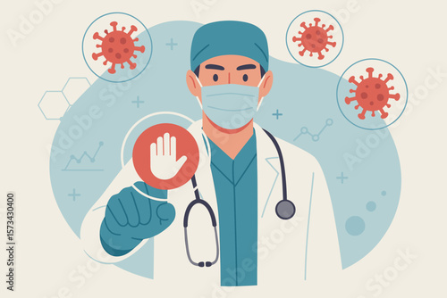 Doctor pressing stop button to prevent coronavirus COVID-19 outbreak, pandemic control, virus protection, medical technology, healthcare research, diagnosis, disease prevention