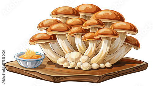 A cluster of soft organic mushrooms, with cream-colored caps and gilled undersides, sits peacefully on a cutting board, emphasizing nature’s simplicity and rich vegetarian lifestyle themes.