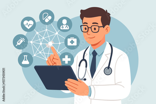 Doctor with stethoscope using tablet for medical network connection. Healthcare technology concept. Digital health, telemedicine, and online patient care vector illustration.