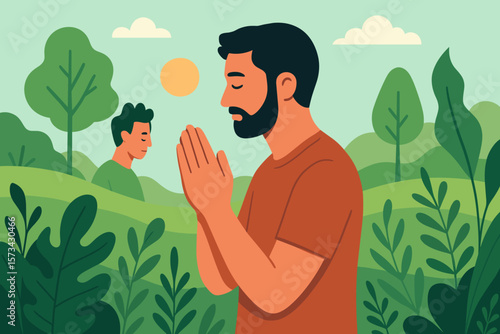 Respect and pray for nature background. Man in peaceful meditation and gratitude. Spiritual mindfulness concept in green outdoor park. Modern flat vector cartoon illustration.