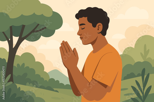 Respect and prayer in nature, peaceful meditation, spiritual connection, modern flat vector cartoon, serene outdoor scene, mindfulness, harmony with nature, calm reflective mood
