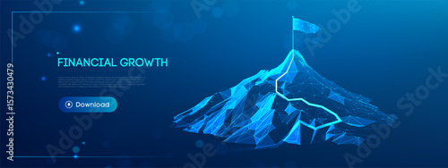 Tech success mountain concept with business growth background and leadership vision. Abstract 3D journey path with arrow climb toward career goals and AI opportunities. Vector illustration.