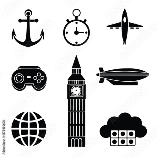 Anchor airplane stopwatch game controller big ben blimp globe cloud vector