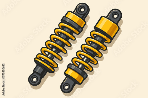 Yellow shock absorbers for motorcycle. Car suspension system part. Vehicle spare part for mechanic repair service concept. Coil spring damper icon. Isolated flat vector illustration.
