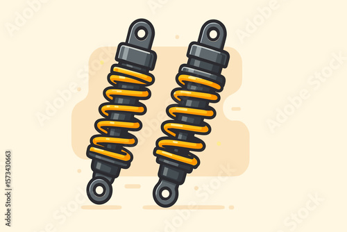 Pair of yellow motorcycle shock absorbers. Motorbike suspension system part concept. Automotive component for repair service. Modern flat cartoon vector graphic illustration.