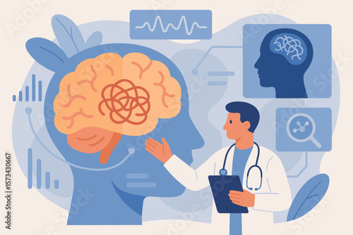 Doctor checking and analyzing Alzheimer's disease, dementia. Brain testing result on virtual interface. Innovative technology in science and medicine. Neurology research concept.