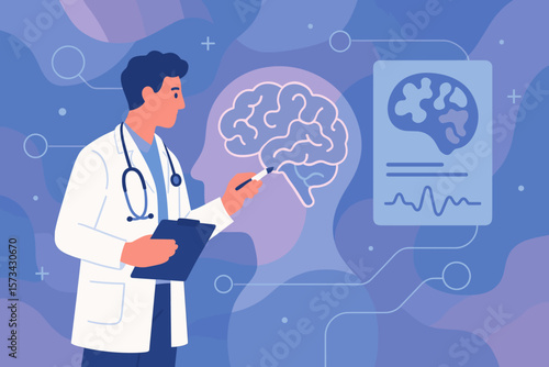 Doctor checking brain for Alzheimer's disease, dementia. Neurologist analyzes test results. Concept of neuroscience, neurology research, virtual medical technology, healthcare.