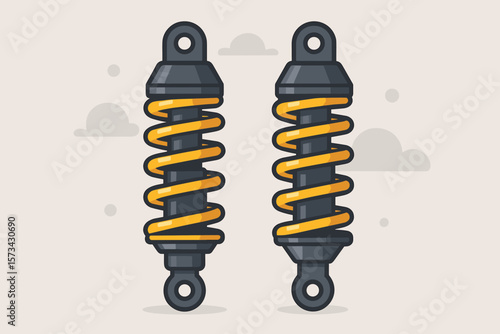Pair of yellow motorcycle shock absorbers. Vehicle suspension system part. Automotive coil spring damper. Motorbike maintenance element. Modern flat vector illustration icon.